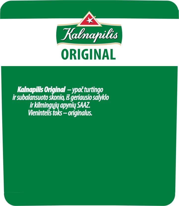 Prekės ženklas: Kalnapilis ORIGINAL Kalnapilis Original – ypač turtingo ir subalansuoto skonio, iš geriausio salyklo ir kilmingųjų apynių SAAZ. Vienintelis toks – originalus.